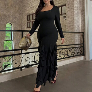 Black Elegant Women's Plus Size Sexy Design Scoop Neck Maxi A-Line Dress